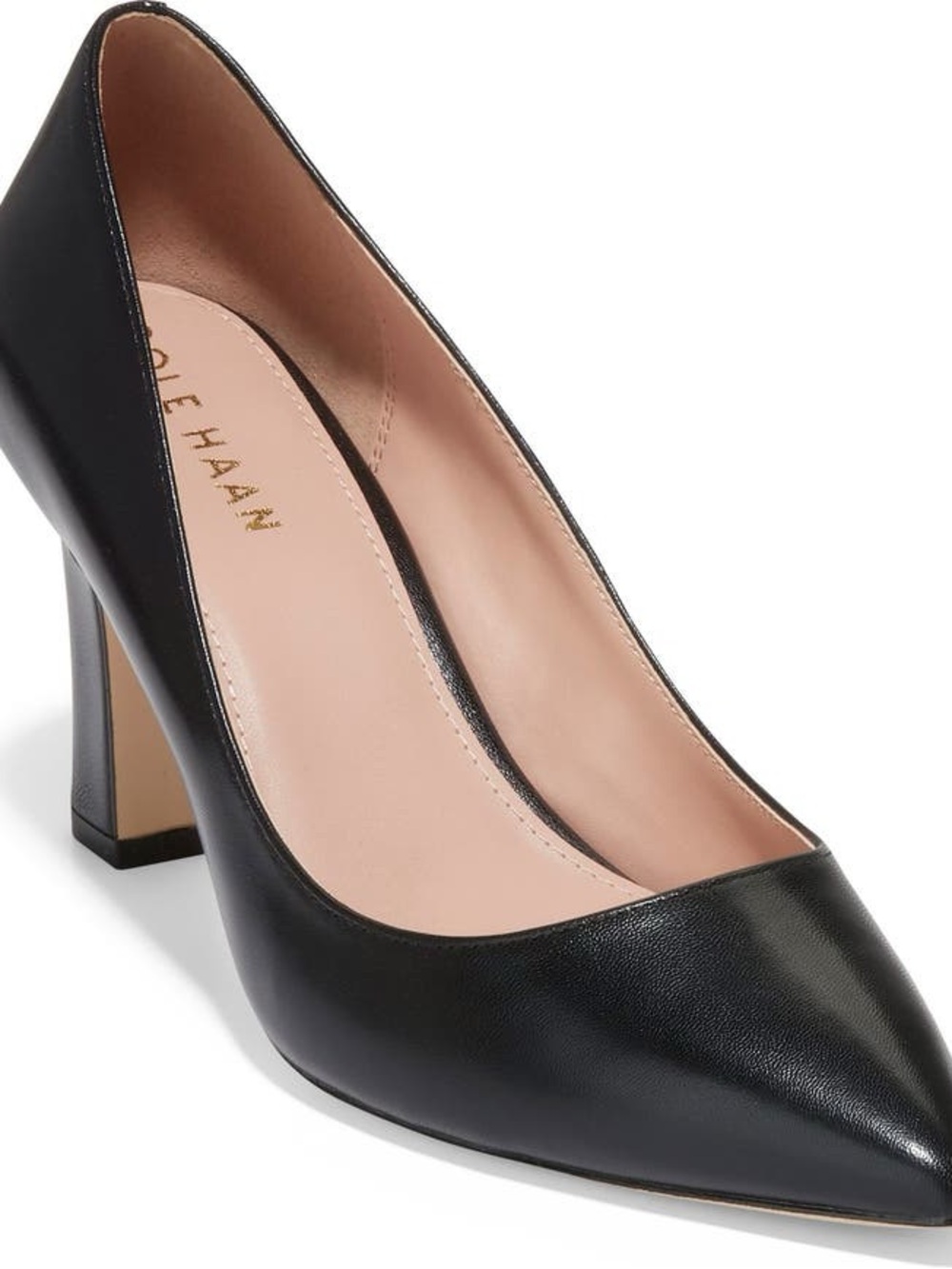Cole Haan Black Leather Pointed Toe Pump with Block Heel